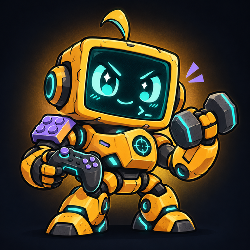 MrHarold’s mascot: a chunky amber robot with a CRT-screen face, a controller and a dumbbell