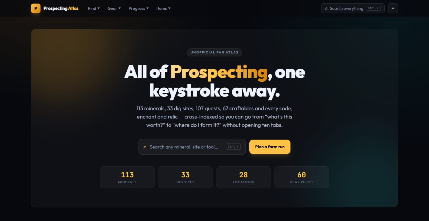 The Prospecting Atlas home page: search bar, mineral and dig-site counts, and quick links into each section.